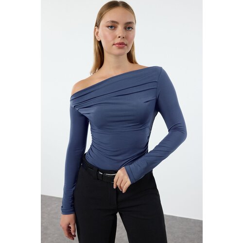 Trendyol Indigo Gathered/Draped Detailed Fitted/Fits the Body Long Sleeve Flexible Knitted Blouse Slike