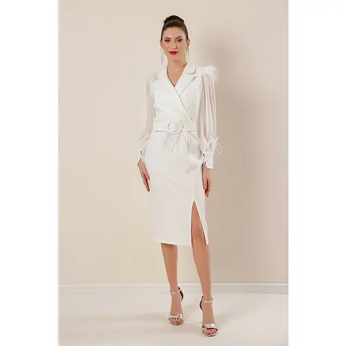 By Saygı Double-breasted Collar with a belt at the waist, Chiffon and Cuffs with a slit in the front. Feather Detail Crepe Dress in Ecru.