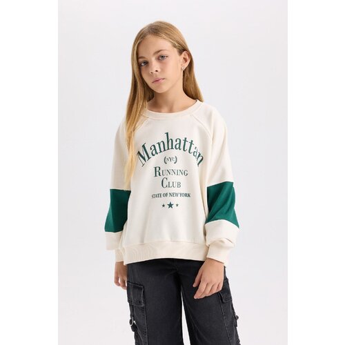 Defacto Girl Oversize Fit Wide Pattern Crew Neck Slogan Printed Sweatshirt Cene