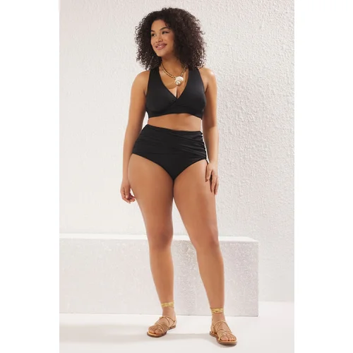 Trendyol Curve Black Waist Gather Detail High Waist Plus Size Bikini Bottom