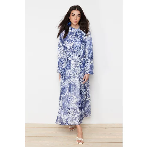 Trendyol Blue Floral Pattern Lined Long Chiffon Dress