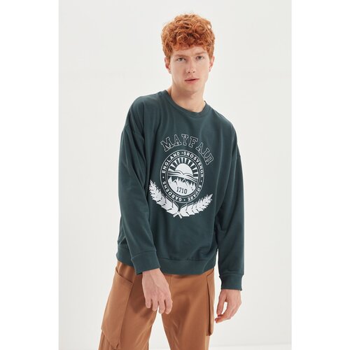 Trendyol emerald green men's oversize crew neck long sleeve printed sweatshirt Slike