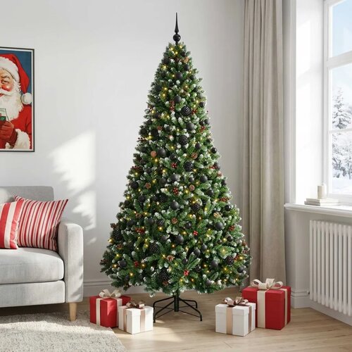  Umjetno božićno drvce zeleno s kuglicom 210 cm 300 LED lampica - Zelena s mraženim vrhovima &amp;Oslash; 106 x 210 cm s 300 LED dioda i crn Slike