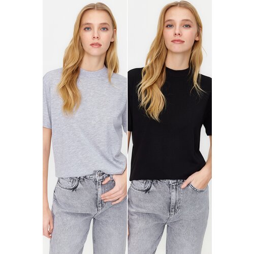 Trendyol Black-Grey Melange 2-Pack 100% Cotton Basic High Neck Knitted T-Shirt Cene