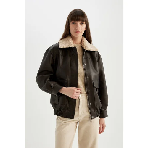 Defacto Regular Fit Shirt Collar Taffeta Faux Leather Coat