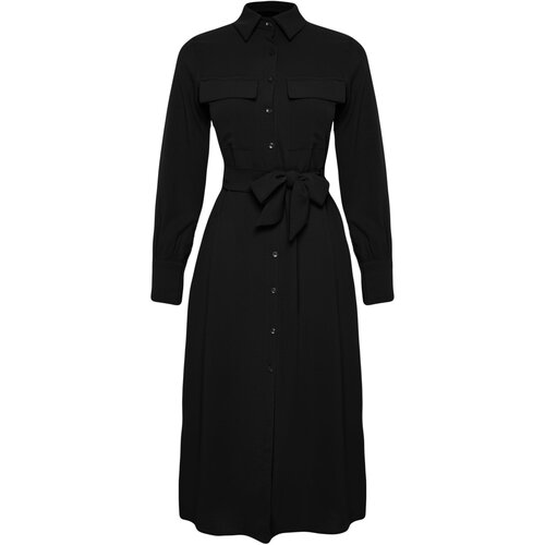 Trendyol Black Belted Midi Length Knitted Shirt Dress Slike