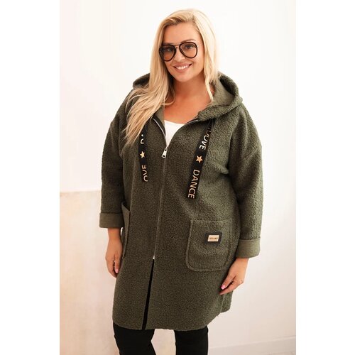 Kesi Włoski Plus Size women's coat made of faux shearling with a hood and pockets khaki Cene