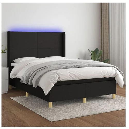  Box spring postelja z vzmetnico LED črna 140x200 cm blago