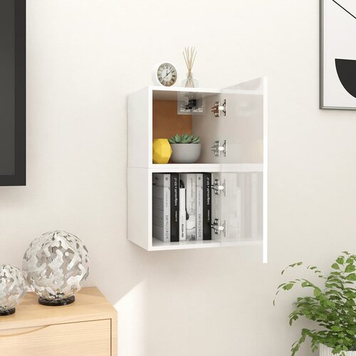 VidaXL stenske TV omarice 2 kosa visok sijaj bele 30,5x30x30 cm Slike
