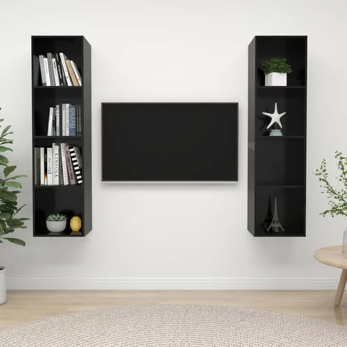 vidaXL Stenska TV omarica 2 kosa visok sijaj črne barve iverna plošča, (20733732)