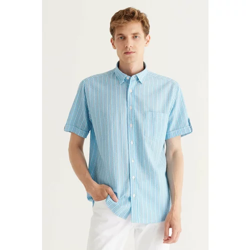 AC&Co / Altınyıldız Classics Men's Blue Comfort Fit Comfy Cut Buttoned Collar Cotton Striped Short Sleeve Shirt.