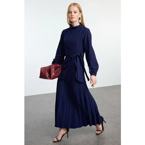 Trendyol Navy Blue Crepe Woven Pleat Detailed Dress