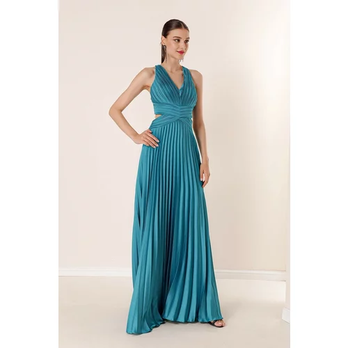 By Saygı Waist And Decollete Lined Pleated Long Satin Dress Oil