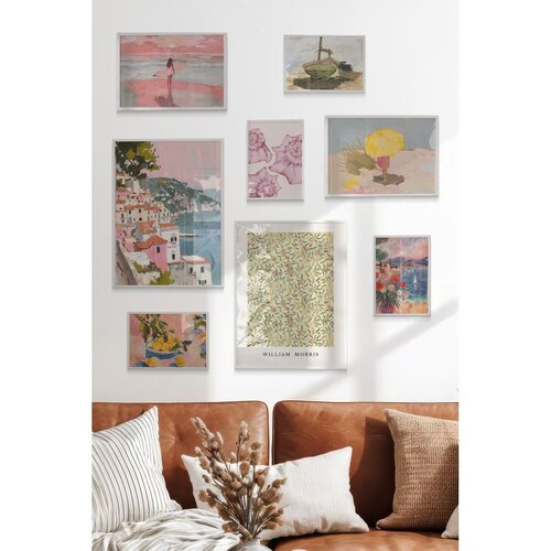Wallxpert set od 8 uramljenih slika Çgs-060, mediteranski motivi u pastelnim tonovima – primorski grad, limuni, školjke i šara williama morrisa, beli ram Cene