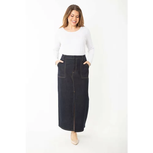 Şans Women's Plus Size Navy Blue Front Slit Denim Skirt