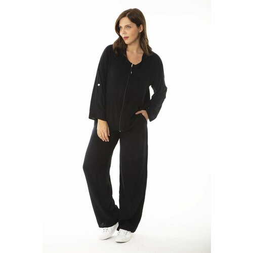 Şans women's plus size black front zippered adjustable sleeve length cardigan trousers double suit Slike