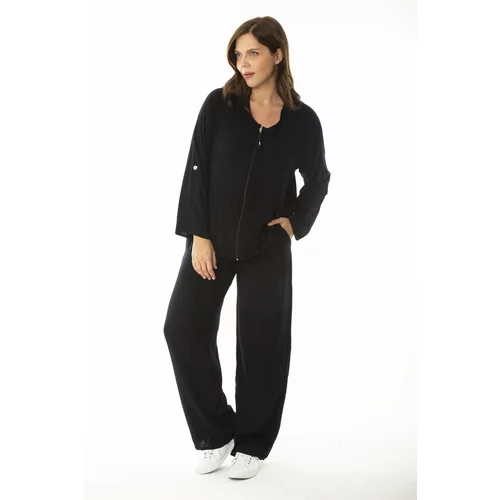 Şans Women's Plus Size Black Front Zippered Adjustable Sleeve Length Cardigan Trousers Double Suit