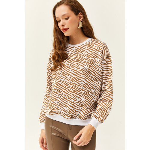 Olalook Women's Zebra Brown Basic Soft Textured Loose Sweatshirt Cene