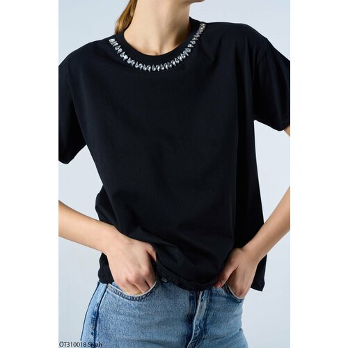 Laluvia Black 100% Cotton Collar Stone Detailed T-shirt Slike
