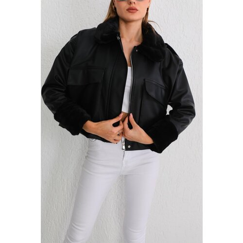 BİKELİFE Women's Silk Oversize Pocket Detailed Leather Elastic Waist Coat Slike