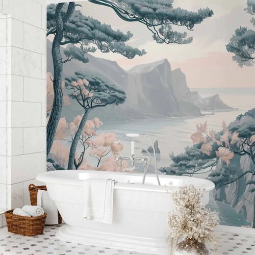  Foto tapeta - Mountainous Coast with Trees and Rocks in Light Pastel Blues 350x256 Vodootporna Slike