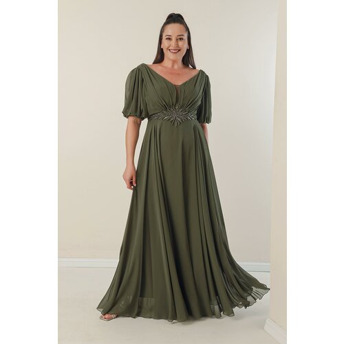 By Saygı Plus Size Long Chiffon Dress With A V-Neck Front Beaded Waist Draped and Lined Front Back Slike
