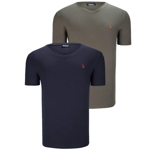 Dewberry DUAL SET T8568 V-NECK MENS T-SHIRT-NAVY BLUE-KHAKI