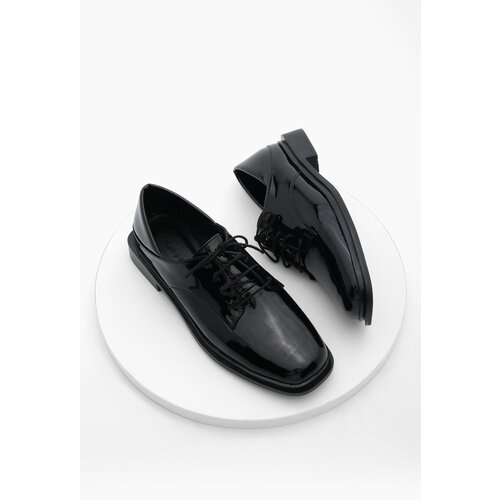 Marjin Women's Oxford Shoes Flat Toe Laced Masculin Casual Shoes Rilen Black Patent Leather Slike