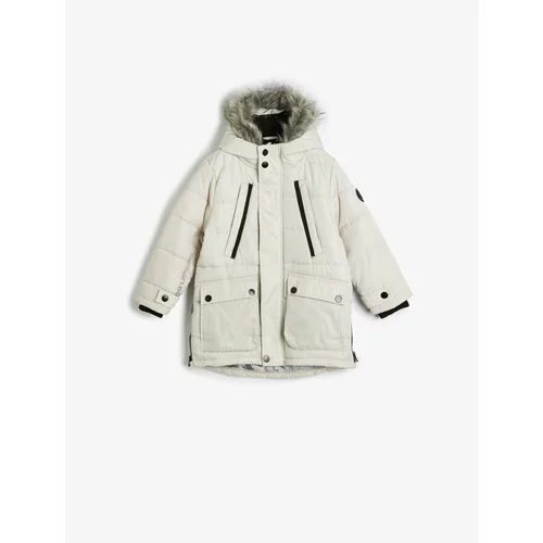 Koton Furry Hooded Coat with Flap Pockets Zipper Detailed Wind Protection