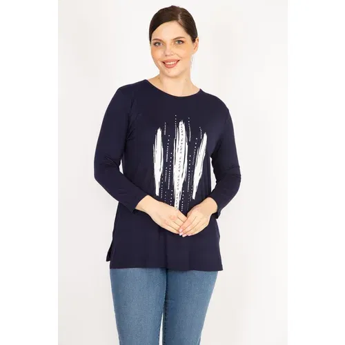 Şans Women's Navy Blue Plus Size Stone And Print Detail Blouse