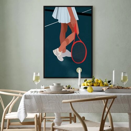  Slika - Female Tennis Player With a Red Racket on the Court - Graphics 80x120 U crnom drvenom okviru Slike