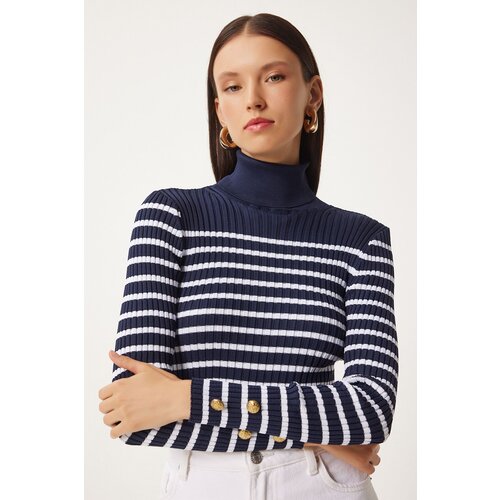 Happiness İstanbul Women&amp;#039;s Navy Blue Turtleneck Striped Seasonal Knitwear Sweater Slike
