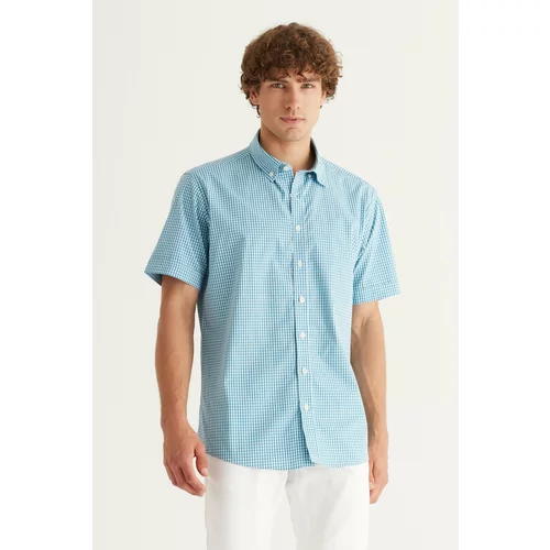 AC&Co / Altınyıldız Classics Men's White-turquoise Comfort Fit Comfy Cut Buttoned Collar 100% Cotton Gingham Shirt.