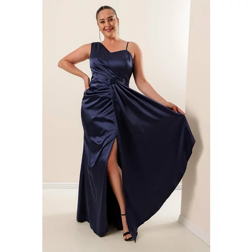 By Saygı Navy Blue Plus Size Long Satin Dress With One Side Thread Straps.