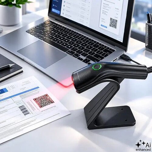 Qoltec 52750 &amp;ndash; Žični bralnik črtnih kodov 1D/2D in QR kod s postoljem, USB, črn Slike