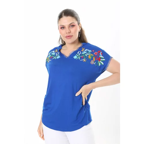 Şans Women's Plus Size Saxe Blue Embroidery Detailed Collar And Sleeve Kopenaki Lace V-Neck Blouse