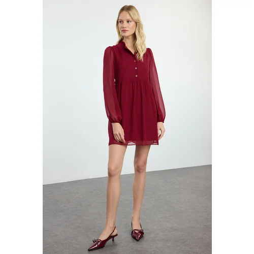 Trendyol Burgundy Waist Opening Mini Woven Winter Dress