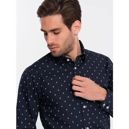 Ombre Classic men's cotton SLIM FIT shirt in anchors - navy blue