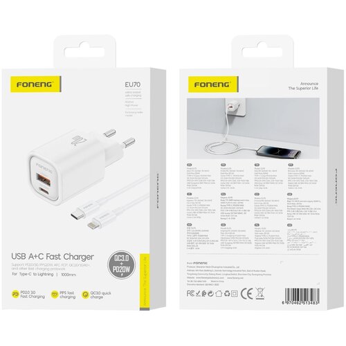 Foneng USB-C QC3 STENSKI POLNILEC ZA APPLE IPHONE IPAD HITER IN UČINKOVIT 2, (5000337762) Cene