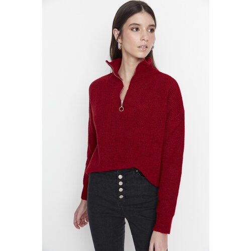 Trendyol red soft textured zipper knitwear sweater Slike