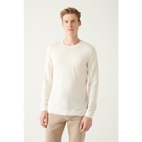 Avva Men's White Crew Neck Wool Blended Standard Fit Regular Cut Knitwear Sweater Slike