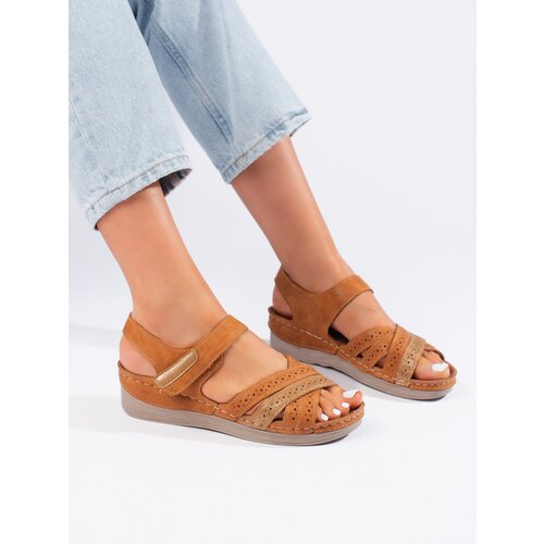 Shelvt Women's brown Velcro sandals Cene