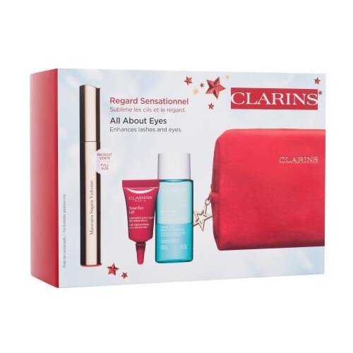 Clarins All About Eyes set: maskara Supra Volume 8 ml + odstranjevalec ličil Instant Eye Make-Up Remover 30 ml + krema za okoli oči Total Eye Lift 3 ml + kozmetična torbica odtenek 01 Intense Black Cene