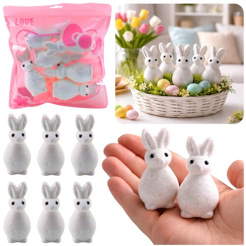  Styrofoam Easter Bunnies Glitter Decorative White 6pcs Slike
