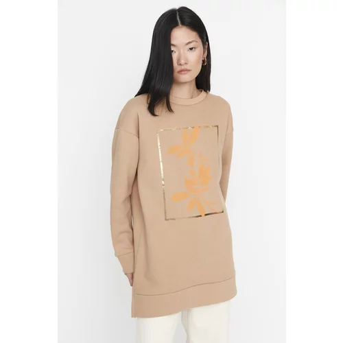 Trendyol Light Brown Front Printed Soft Pile Thick Knitted Sweatshirt