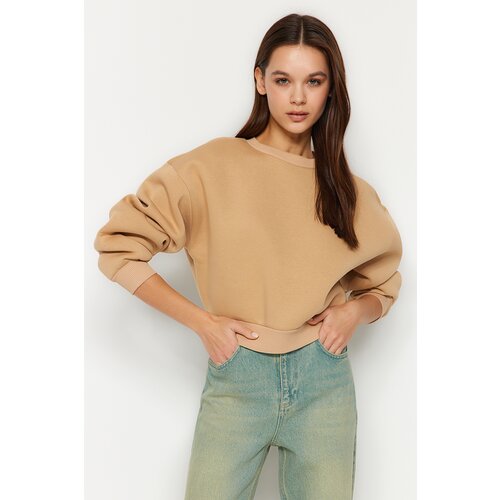 Trendyol Beige Comfort Fit Crop Basic Crew Neck Fleece Inside Knitted Sweatshirt Slike