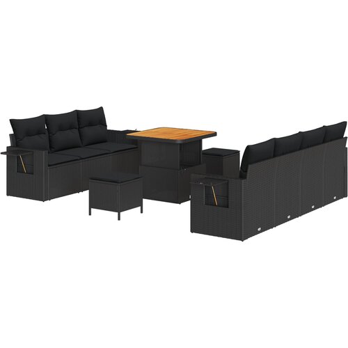 VidaXL 10-dijelni set vrtnih sofa s jastučićima Crni Poly Rattan Akacija, 3-dijelni set vrtne blagovaonice s jastučićima Crni Poly Rattan Akacija Slike