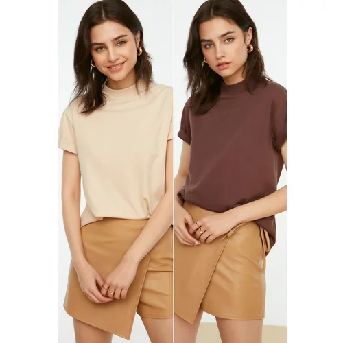Trendyol Brown-Beige Stand Collar 2-Pack Basic Knitted T-Shirt