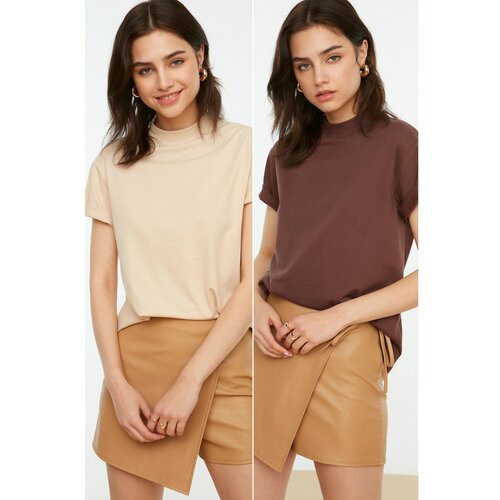 Trendyol Brown-Beige Stand Collar 2-Pack Basic Knitted Tshirt T-Shirt Slike