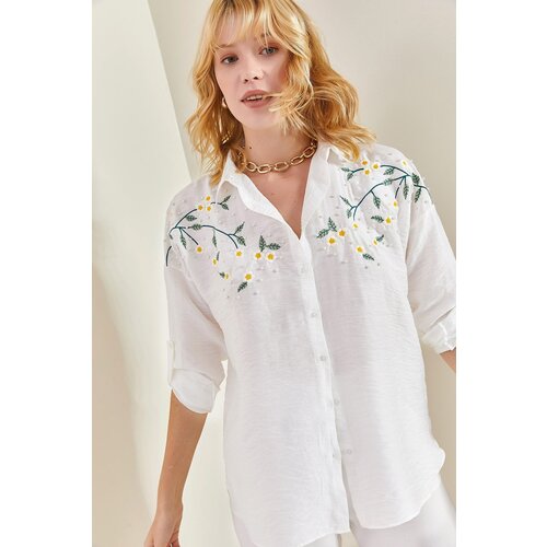 Bianco Lucci Women&amp;#039;s Daisy Embroidered Folding Sleeves Airon Linen Shirt Slike